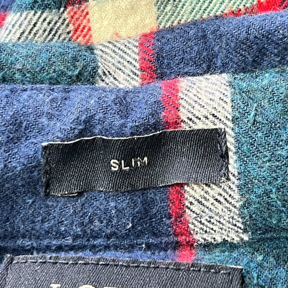 J Crew Mens Long Sleeve Button Up Plaid Flannel Shirt Medium Slim Fit Blue Green - Picture 4 of 8